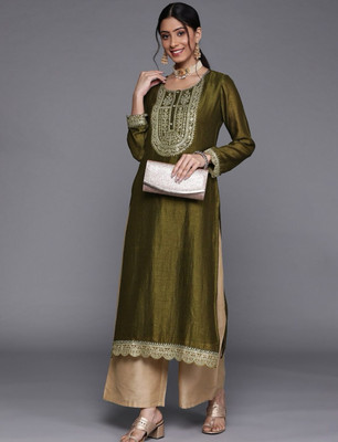 RARE THREAD Women Embellished A-line Kurta(Green)