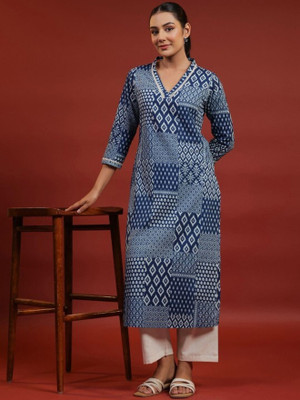 MEHRUS Women Printed Straight Kurta(Blue)
