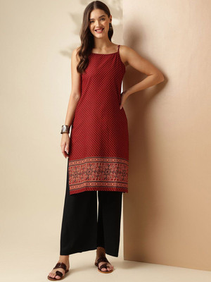 ANOUK Women Polka Print Straight Kurta(Maroon)