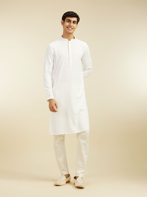 DIWAS by Manyavar Men Embroidered Straight Kurta(White)