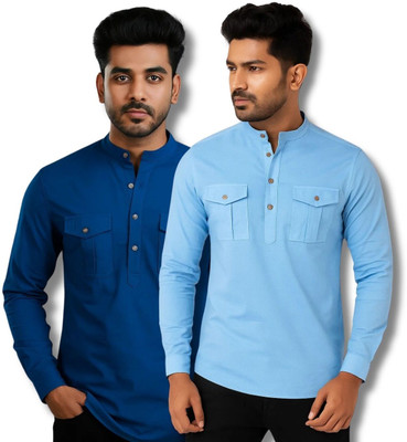 EchoWear Men Solid Straight Kurta(Dark Blue, Light Blue)