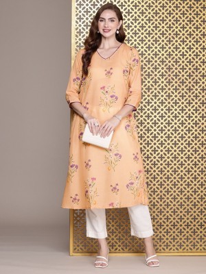 House of Pataudi Women Floral Print Straight Kurta(Orange)