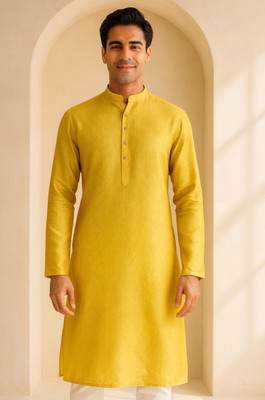 JUGG JUGG JEEYO Men Self Design Straight Kurta(Yellow)