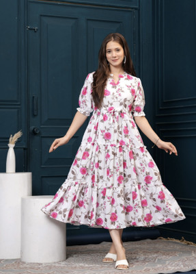 Khejal Women Fit and Flare Pink Midi/Calf Length Dress