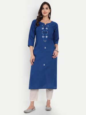 4U Fashion Women Embroidered Straight Kurta(Blue)