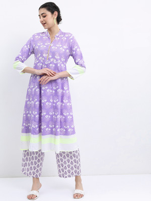 Vishudh Women Printed A-line Kurta(Purple)