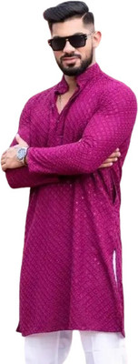 RS ENTERPRISES Men Self Design Straight Kurta(Black)