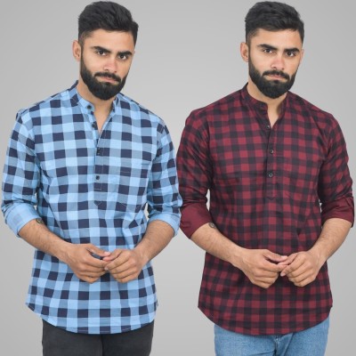 QuaClo Men Checkered Straight Kurta(Light Blue, Maroon)