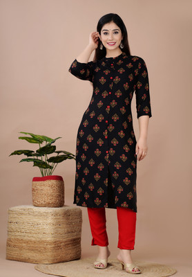 LOOMS21 Women Printed Straight Kurta(Black)