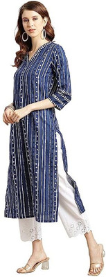Jixpox Women Printed Straight Kurta(Blue)
