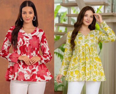 CLANGER Women Floral Print Flared Kurta(Yellow)