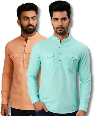 COTTONCHHAP Men Solid Straight Kurta(Orange, Light Blue)
