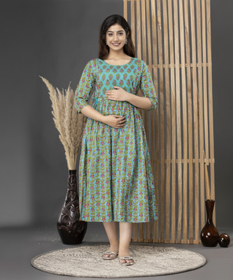 neroli Women Printed Flared Kurta(Green)