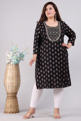 F P Collection Women Floral Print Straight Kurta(Black)