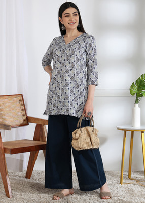 DSK STUDIO Women Printed Tunic Kurta(Grey, Blue)