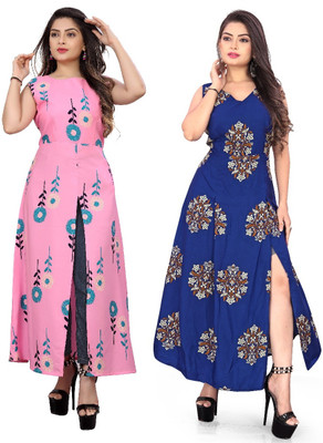 maruti fab Women Printed, Polka Print Frontslit Kurta(Blue)