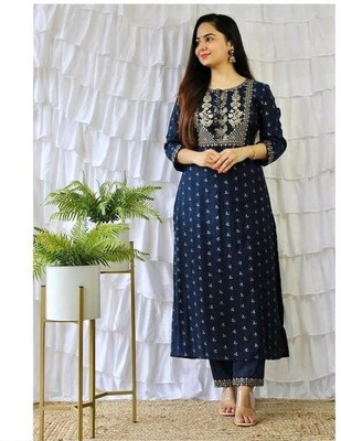 Hukum dyers Women Embroidered A-line Kurta(Dark Blue)