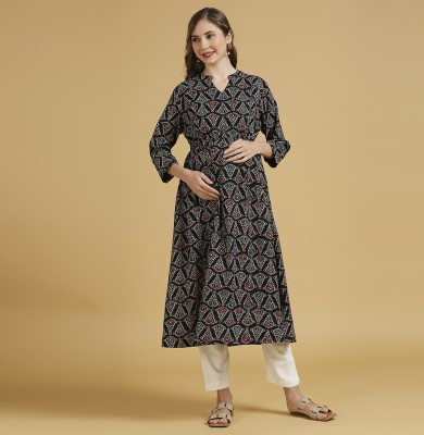 MomToBe Women Printed Anarkali Kurta(Black)