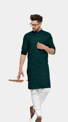 HouseOfCommon Men Solid A-line Kurta(Dark Green)