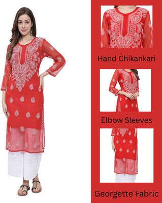 Ekkambar Women Chikan Embroidery Straight Kurta(Red)