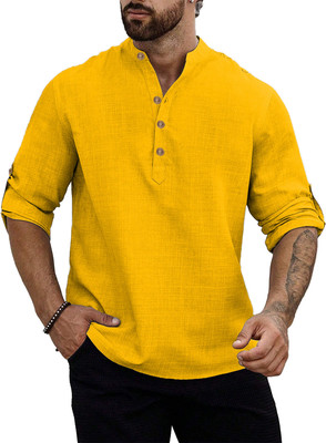 UNIFAV Men Self Design Straight Kurta(Yellow)