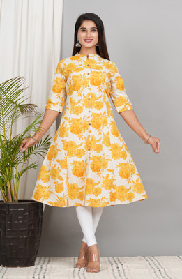 vastraagman Women Printed A-line Kurta(Yellow)