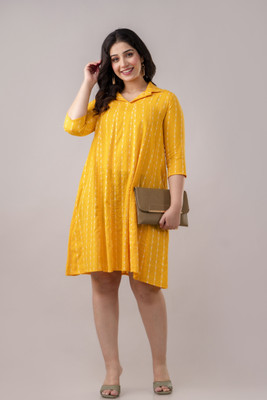 Demirner Women Printed Flared Kurta(Yellow)
