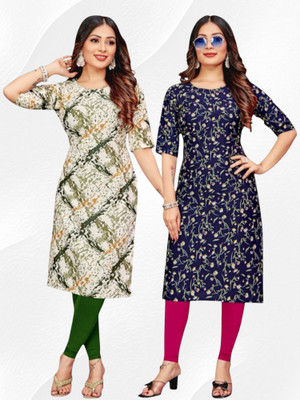 Nitya Trends Women Printed Straight Kurta(White, Blue)