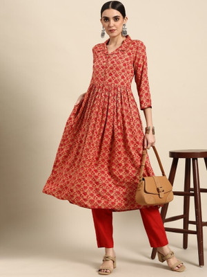ANOUK Women Printed Anarkali Kurta(Red)