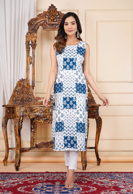 RPT Women Block Print A-line Kurta(Blue)