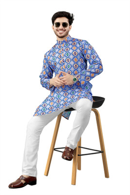 DHASU TRENDZ Men Printed Straight Kurta(Blue, Multicolor)