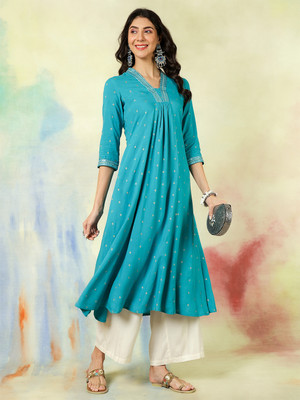 Gulmohar Jaipur Women Solid Flared Kurta(Light Green)