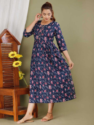 Namokar Women Printed Anarkali Kurta(Dark Blue)
