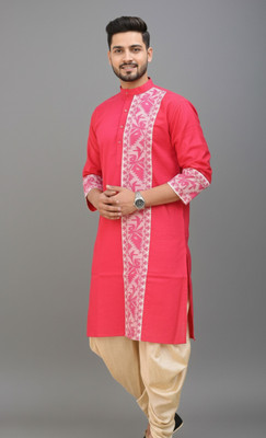 Chandra Men Woven Design Straight Kurta(Pink)