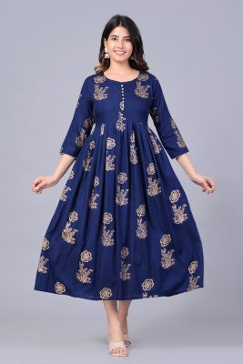 Fashioncutz Women Block Print Anarkali Kurta(Dark Blue)