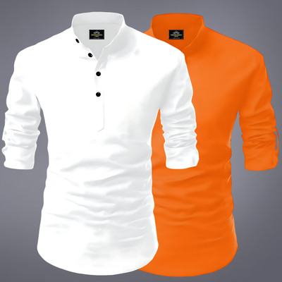 evalaxy Men Solid Straight Kurta(White, Orange)
