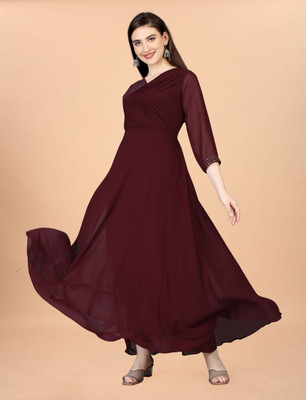 SHIVAYFAB Women Fit and Flare Maroon Maxi/Full Length Dress