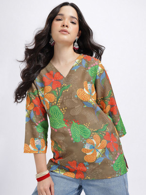 Anouk Rustic Women Printed Straight Kurta(Green)