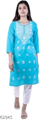 zhouse Women Chikan Embroidery Straight Kurta(Light Blue)