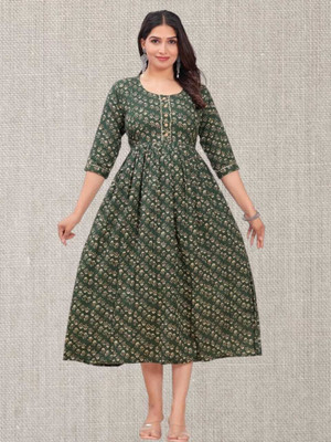 Goraalaxmi Women Printed Anarkali Kurta(Green)