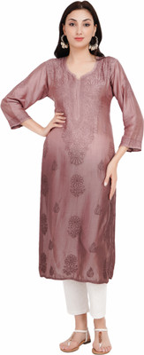 Mrs Right Women Chikan Embroidery A-line Kurta(Brown)