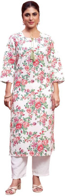 MEESHIAA FASHION Men Floral Print Straight Kurta(White)