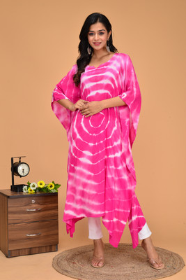 Orsio Women Dyed/Ombre Kaftan Kurta(Pink, White)