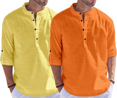 FOLGEN Men Solid Straight Kurta(Yellow, Orange)