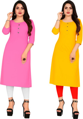 DOZZER Women Solid Straight Kurta(Pink, Yellow)