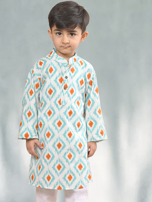 Kinder Kids Boys Geometric Print, Printed Straight Kurta(White)