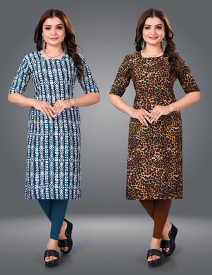 MOBHISA Women Printed Straight Kurta(Brown)