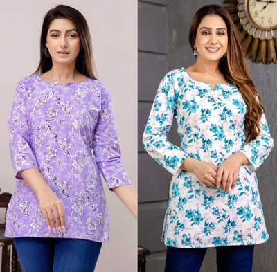 WULAMIA Women Floral Print A-line Kurta(Purple, Blue)