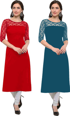 Maheshvi Women Self Design Straight Kurta(Red, Green)