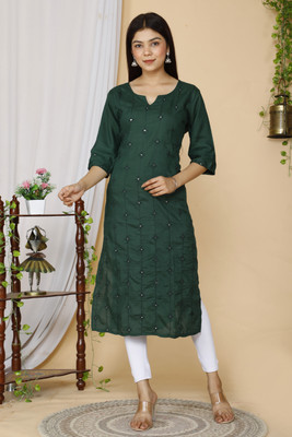 Doriyaan Women Embroidered Straight Kurta(Dark Green)